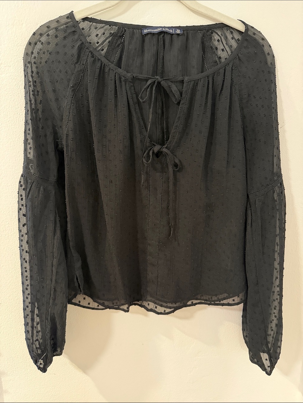 Abercrombie & Fitch Sheer Black Swiss Dot Tie-Neck Blouse
